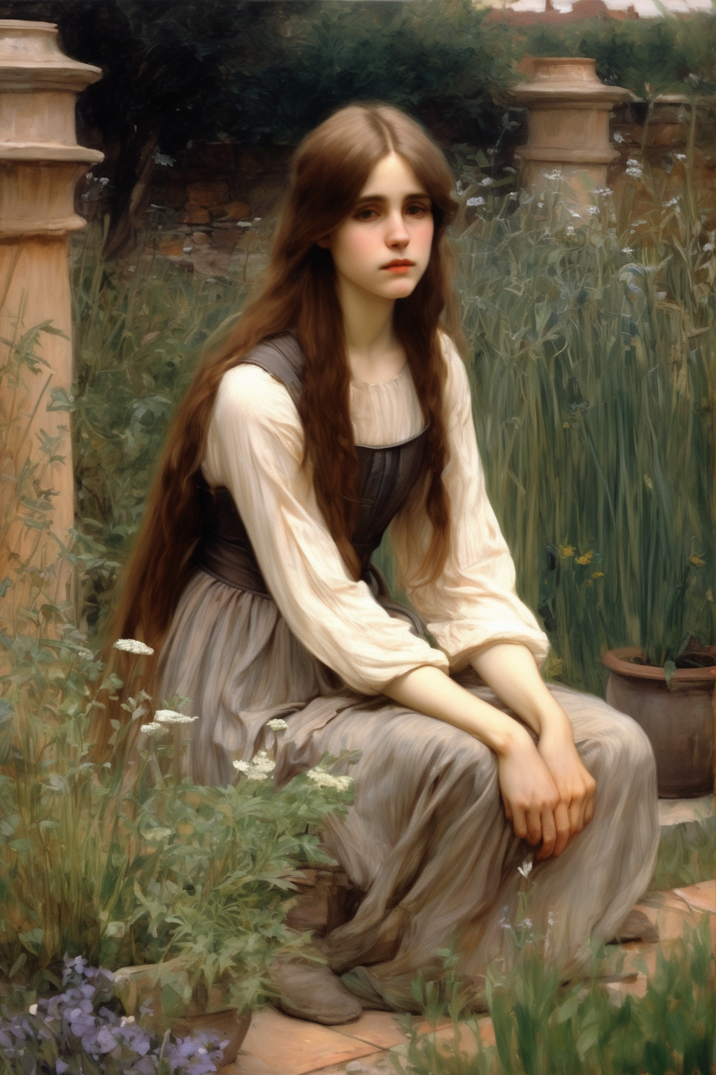 00461-1314224956-John William Waterhouse Style - john william waterhouse style, light brown hair, young woman kneeling in herb garden.png